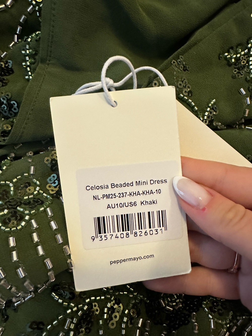 NWT Peppermayo Celosia Beaded Mini Dress in Khaki - Picture 4 of 4